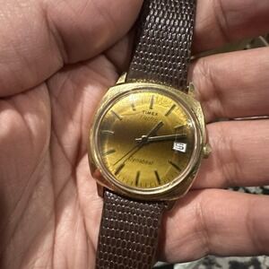 Works VTG Timex Electric Dynabeat Sunburst Mens Watch Gold Stuller Strap 34mm 7"